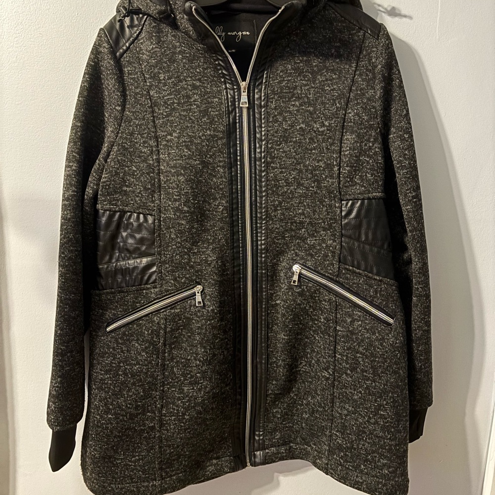 Women’s Black Charcoal Zip-Up Pea Coat with Quilted Trim